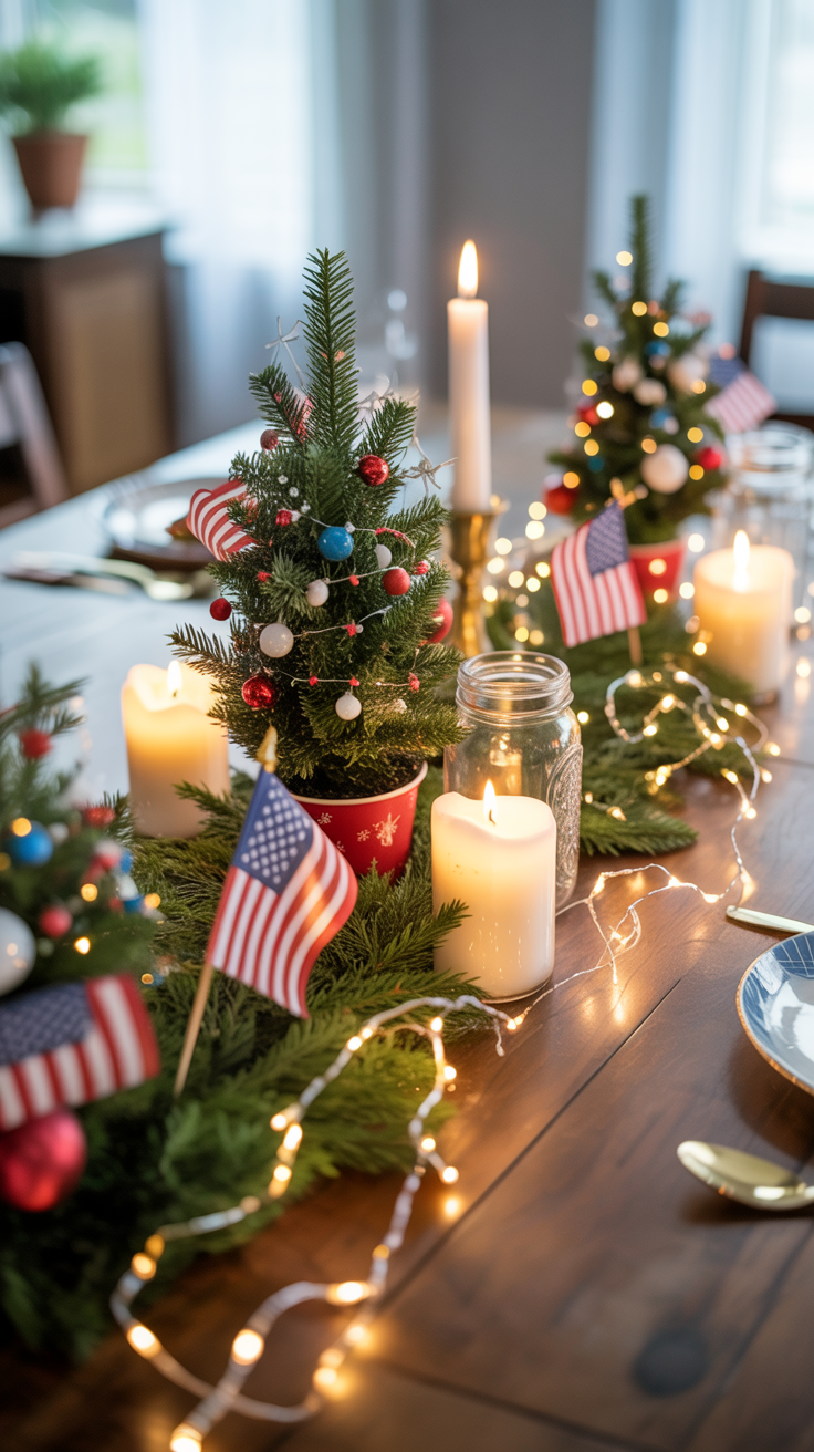 Festive table setting with mini decorated Christmas trees, lit candles, string lights, and small American flags.