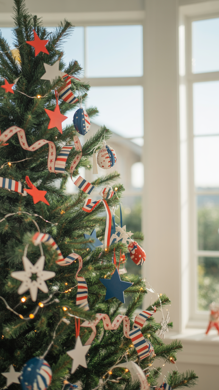 A Christmas tree adorned with red, white, and blue ornaments and ribbons, set in a bright room near a window.
