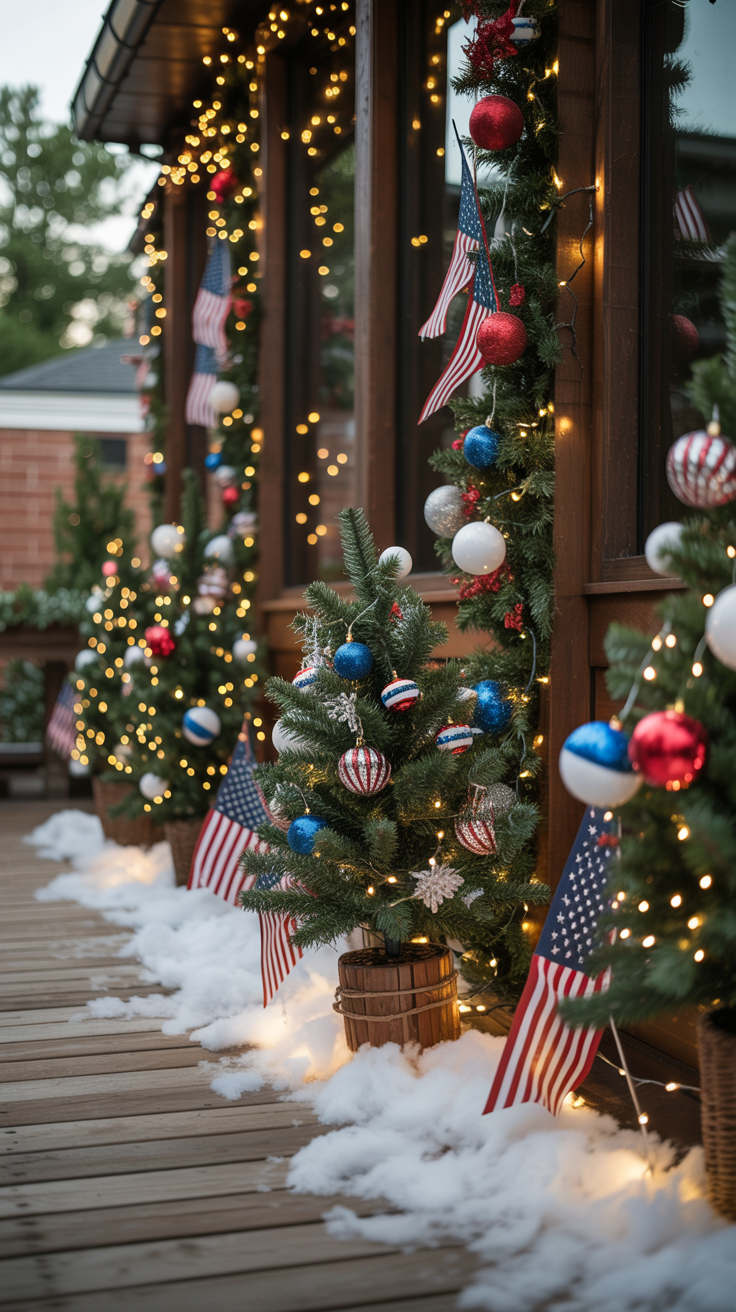 Small Christmas trees adorned with lights and American flags line a wooden porch, with snow scattered along the walkway.