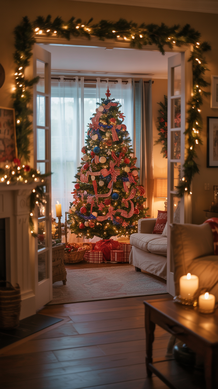 A beautifully decorated Christmas tree with lights and ornaments stands in a cozy, warmly lit living room, surrounded by candles and presents.