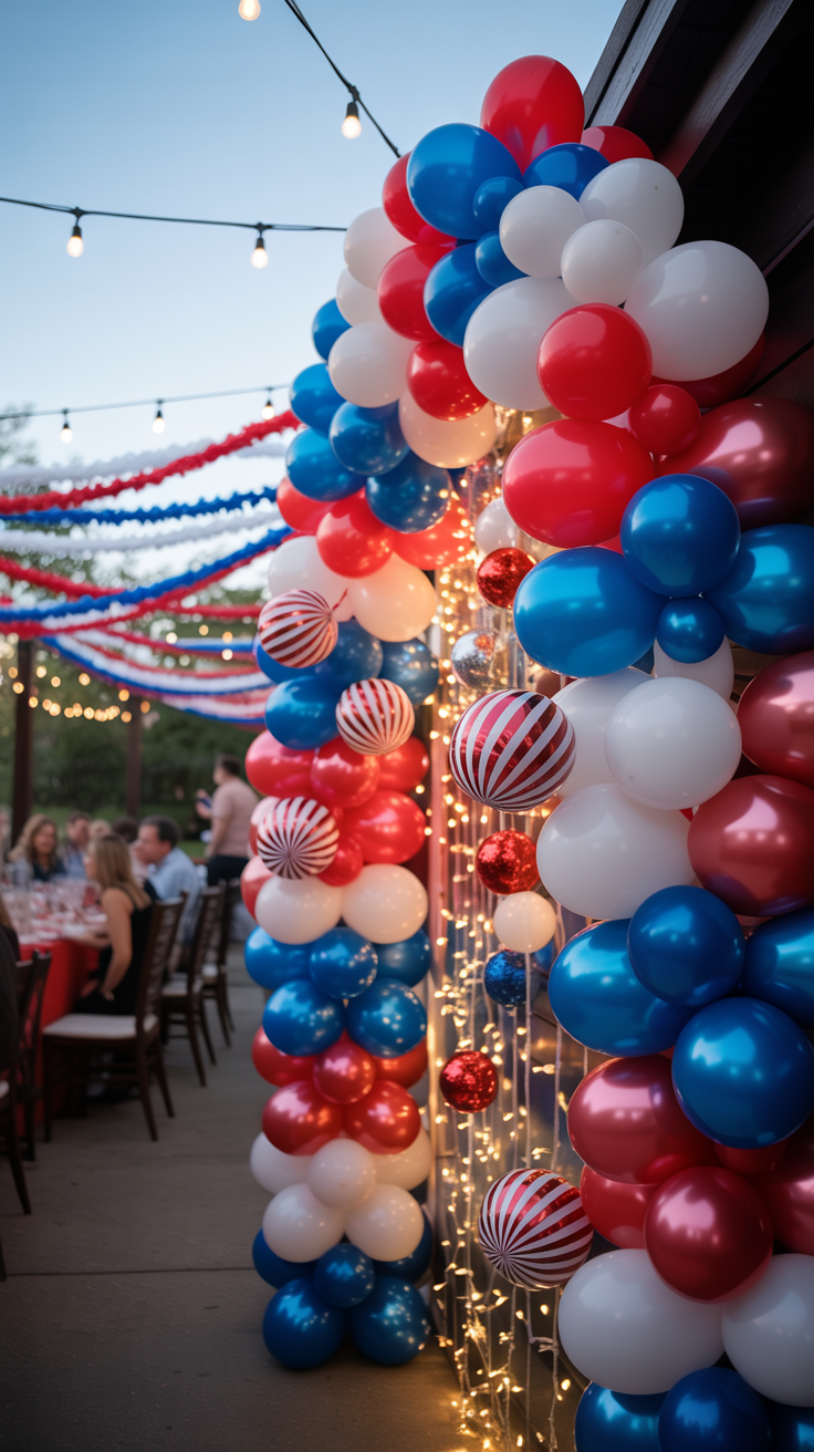Red, white, and blue balloons forming a decorative arch with festive lights and tables in the background.