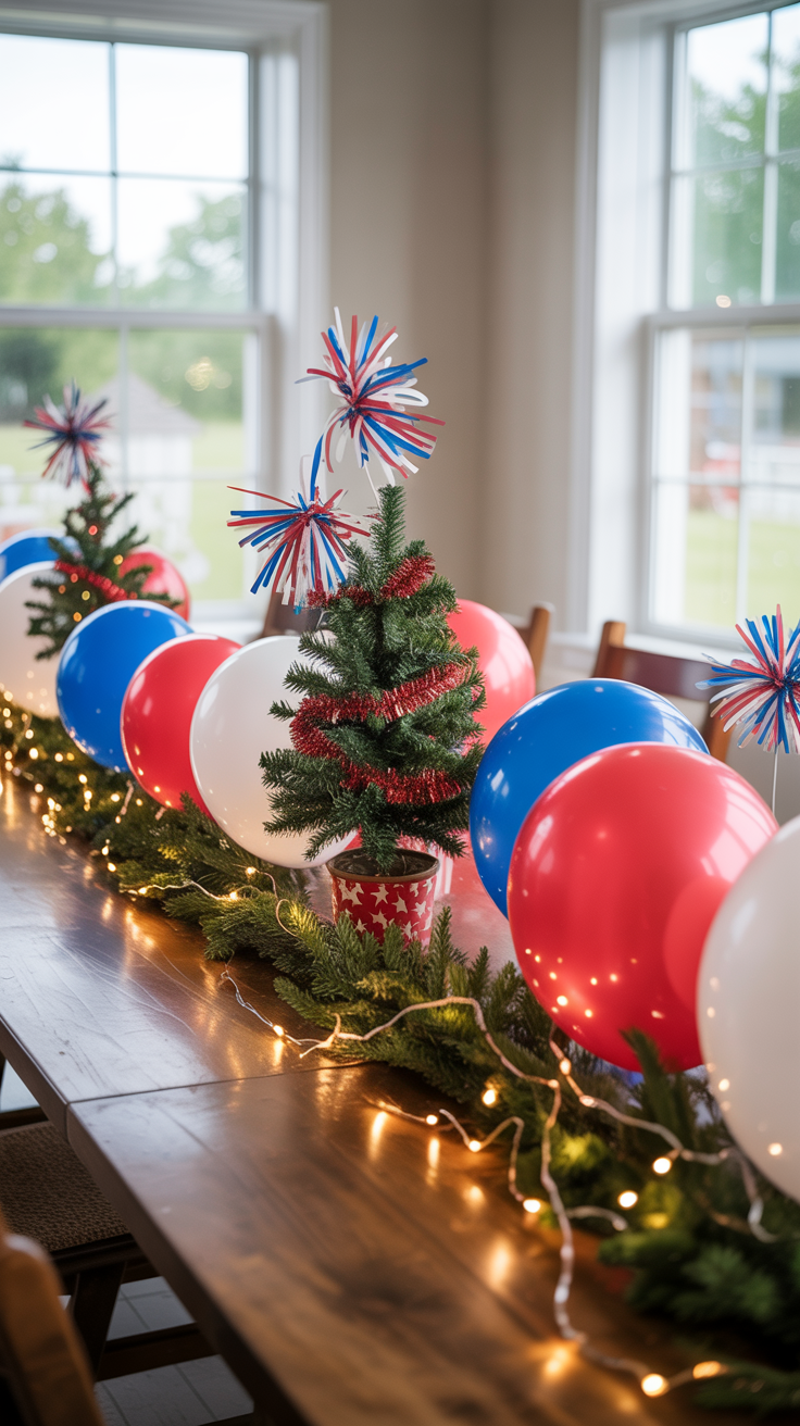 Decorative table display with mini Christmas trees, red, white, and blue balloons, and string lights in a bright room.