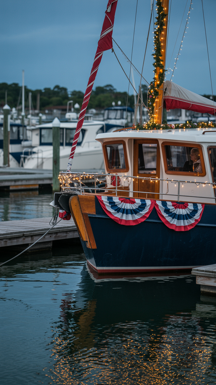 A decorated boat with patriotic bunting and string lights docked at a marina, with other boats in the background.