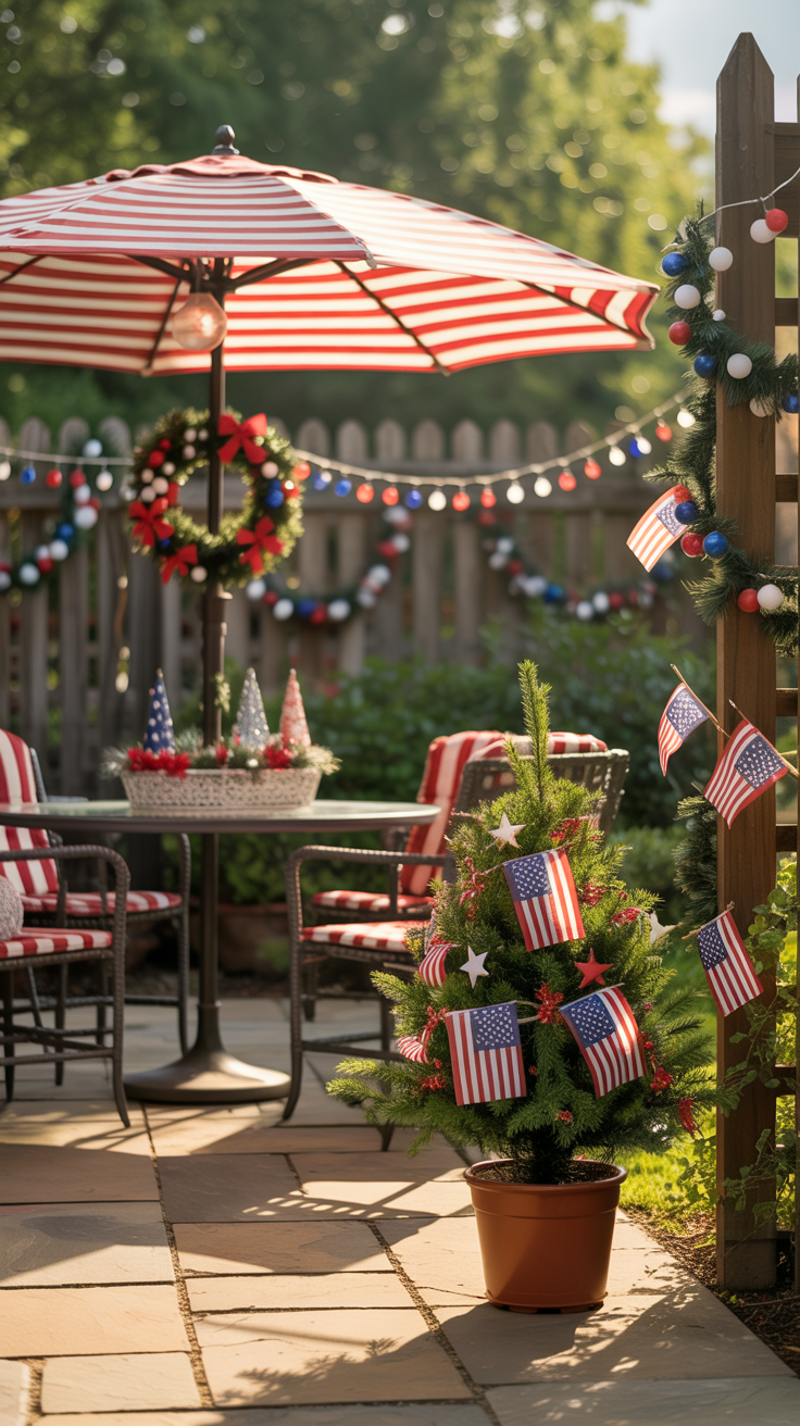 Patio decorated with American flags, a small flag-covered tree, red striped umbrella, and wreath, lit by string lights.