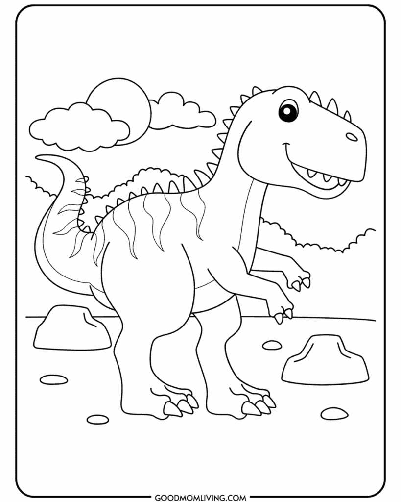 A coloring page depicting a smiling cartoon dinosaur standing on its hind legs with a backdrop of clouds, a sun, and rocks scattered on the ground.