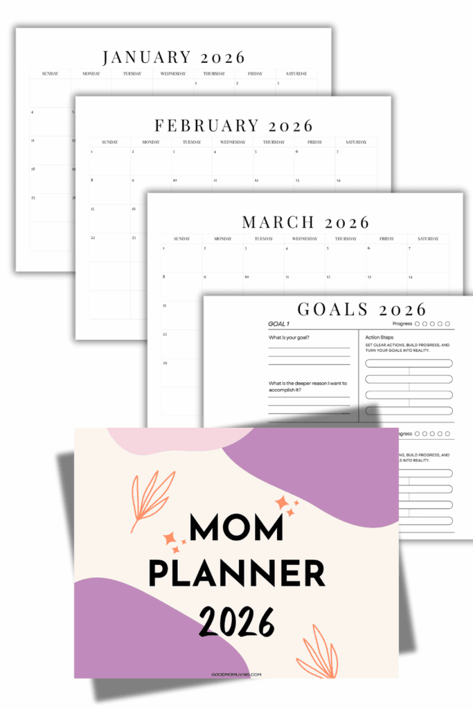 Four pages of a 2026 planner are shown, including January, February, March calendars, and a goals section with "MOM PLANNER 2026" on the cover.