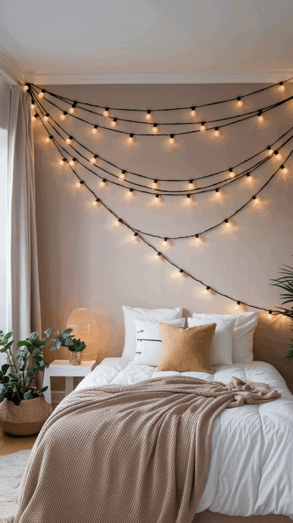 A cozy bedroom with a bed covered in white bedding and a beige blanket, adorned with a yellow cushion. The wall above is decorated with strings of warm fairy lights, and a potted plant is placed beside the bed. Soft lighting enhances the warm and inviting ambiance of the room.