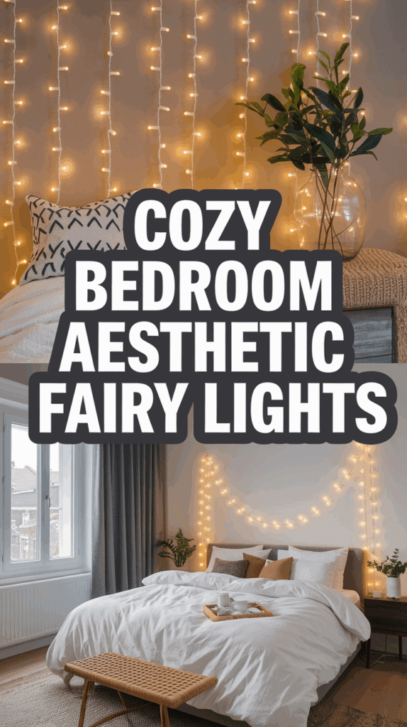 Bedroom with cozy aesthetics featuring string lights on the wall, a neatly made bed with white and brown pillows, and a plant in a vase on a bedside table.
