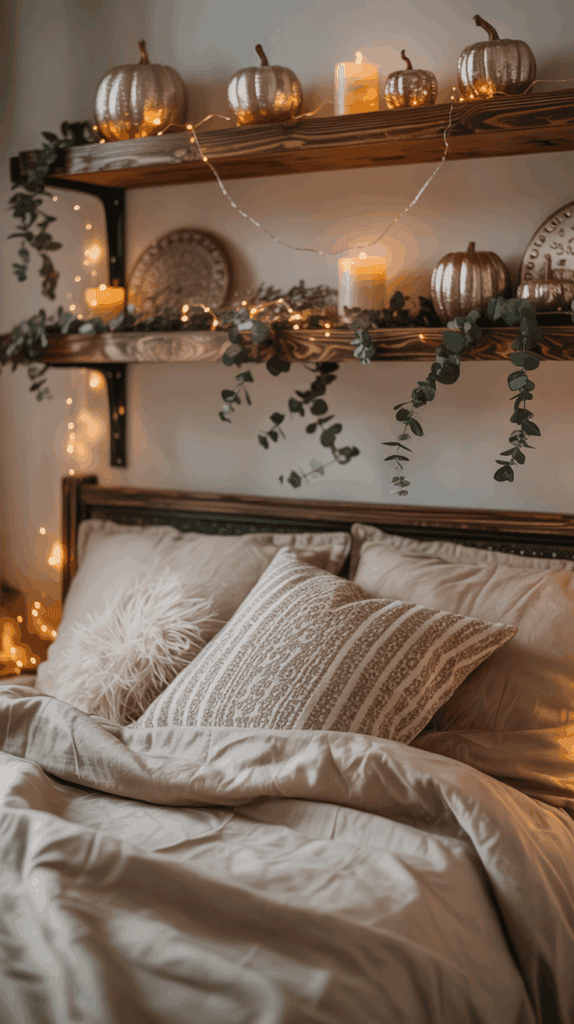 Cozy bedroom with two wooden shelves decorated with gold pumpkins, lit candles, and string lights hanging above a bed with beige bedding and textured pillows, creating a warm, autumnal ambiance.