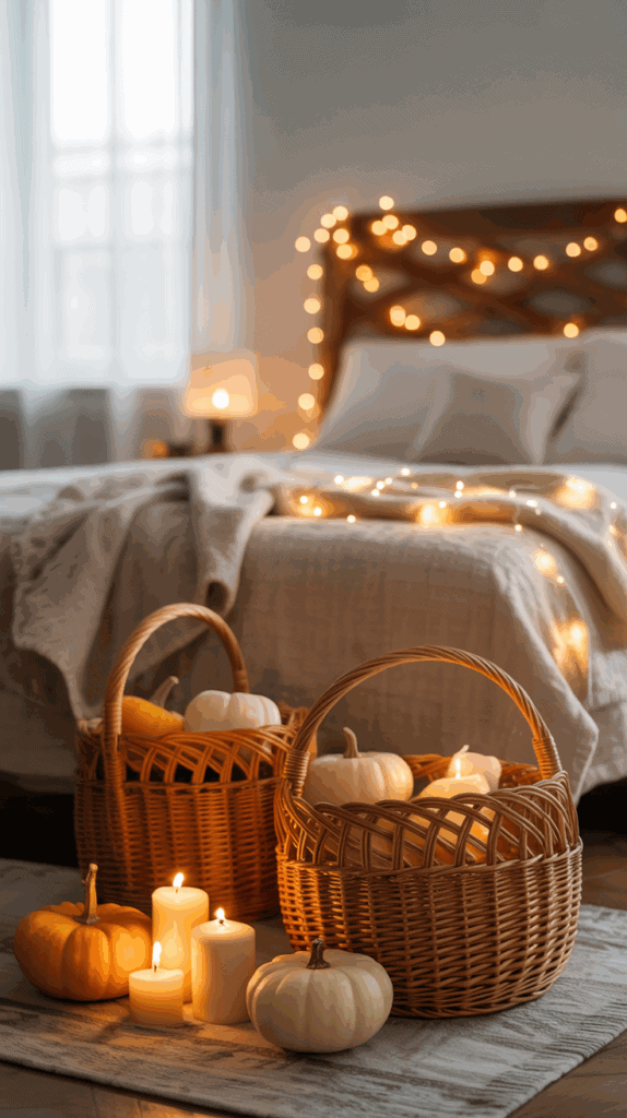 A cozy bedroom decorated with warm lighting and autumnal elements. Two woven baskets filled with white and orange pumpkins sit on a rug beside lit candles, while fairy lights and a soft blanket adorn the bed in the background.