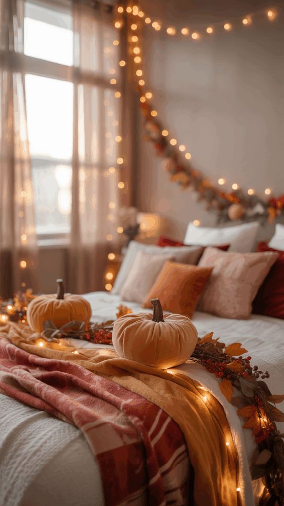 A cozy bedroom with an autumnal theme, featuring pumpkins and fall garlands on a bed adorned with orange and yellow pillows and blankets, illuminated by soft string lights.