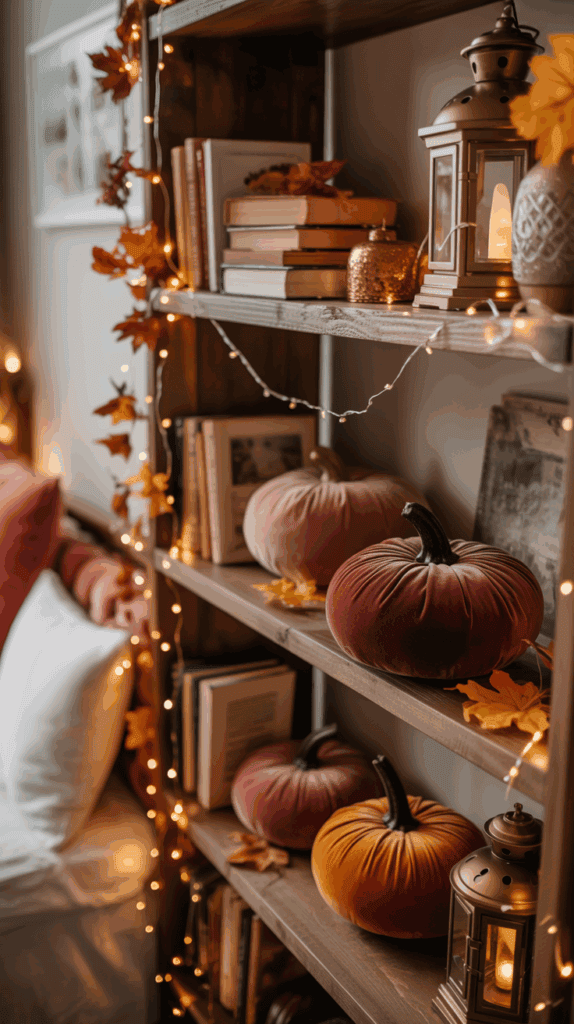 A cozy room with a wooden shelf decorated for autumn, featuring velvet pumpkins in shades of pink and orange, surrounded by books, lanterns, and string lights with fall leaves.