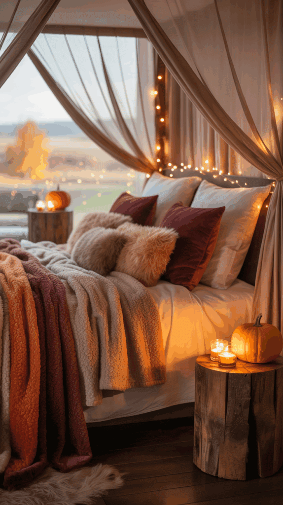 A cozy bedroom with a canopy bed adorned with draped fabric and string lights. The bed is covered in plush pillows and layered blankets in warm autumn colors. A small wooden side table holds a pumpkin and lit candles, adding a seasonal touch. Outside the large window, autumn foliage is visible.
