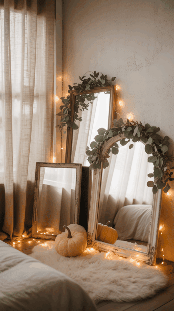 A cozy bedroom corner with draped curtains and two mirrors adorned with greenery and fairy lights, reflected on a white fluffy rug. A small white pumpkin is placed on the rug beside the mirrors, creating a warm and inviting atmosphere.
