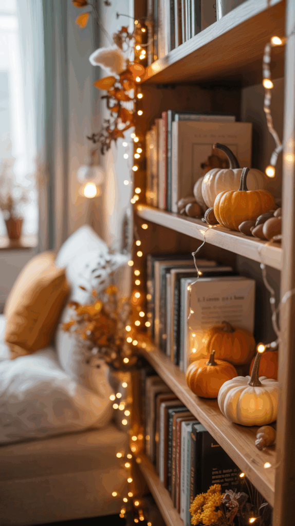 A cozy living room scene featuring a bookshelf adorned with string lights, small decorative pumpkins, and various books. In the background, a comfortable sofa with white and mustard cushions is visible next to a window with curtains.