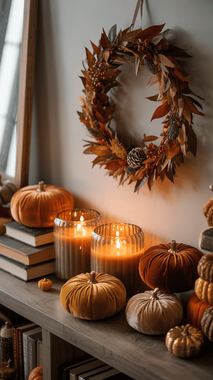 A cozy autumn scene featuring a wreath of fall leaves and berries hanging on a wall above a shelf. The shelf holds lit candles in glass holders, small decorative pumpkins in various fall colors, and stacked books.