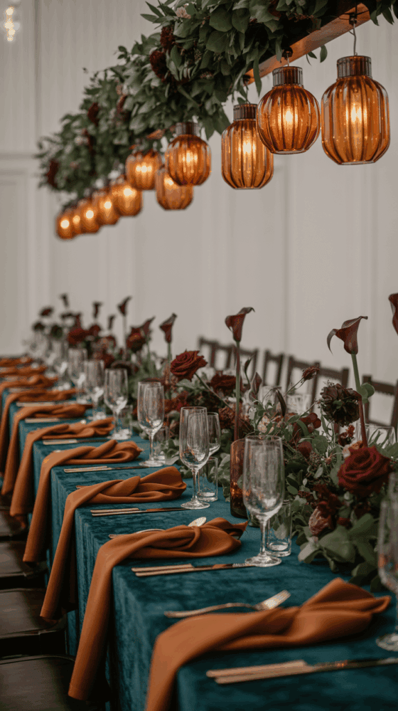 A long, elegant dinner table set with teal tablecloths and orange napkins. The table is decorated with lush greenery and rich red flowers. Above the table, amber glass pendant lights hang, adding a warm glow to the setting. Crystal glasses and gold flatware are neatly arranged for a formal dining experience.