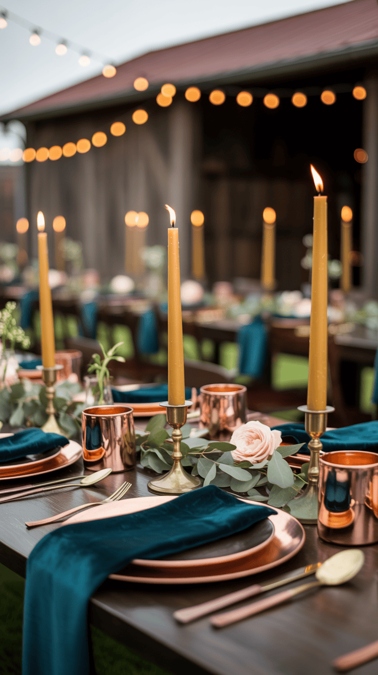 A beautifully set outdoor dining table with tall, lit candles, copper mugs, teal napkins, and floral greenery decor, under soft string lights.