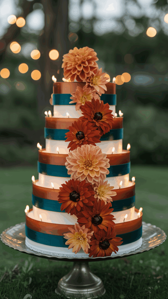 A tiered cake decorated with orange and teal ribbons, adorned with large orange and yellow flowers, set outdoors with blurred lights in the background.