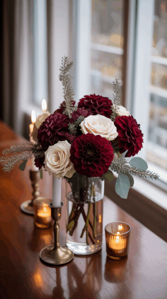 A floral arrangement with burgundy and white flowers in a clear vase, placed on a wooden table next to lit candles in brass holders, with a window in the background.
