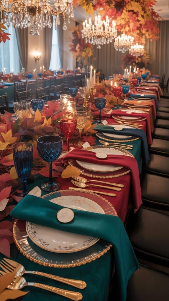 A luxurious dining table set for a formal event with ornate plates, gold utensils, and multicolored goblets. Leaf-themed decorations and chandeliers with crystal detailing enhance the elegant autumn ambiance.