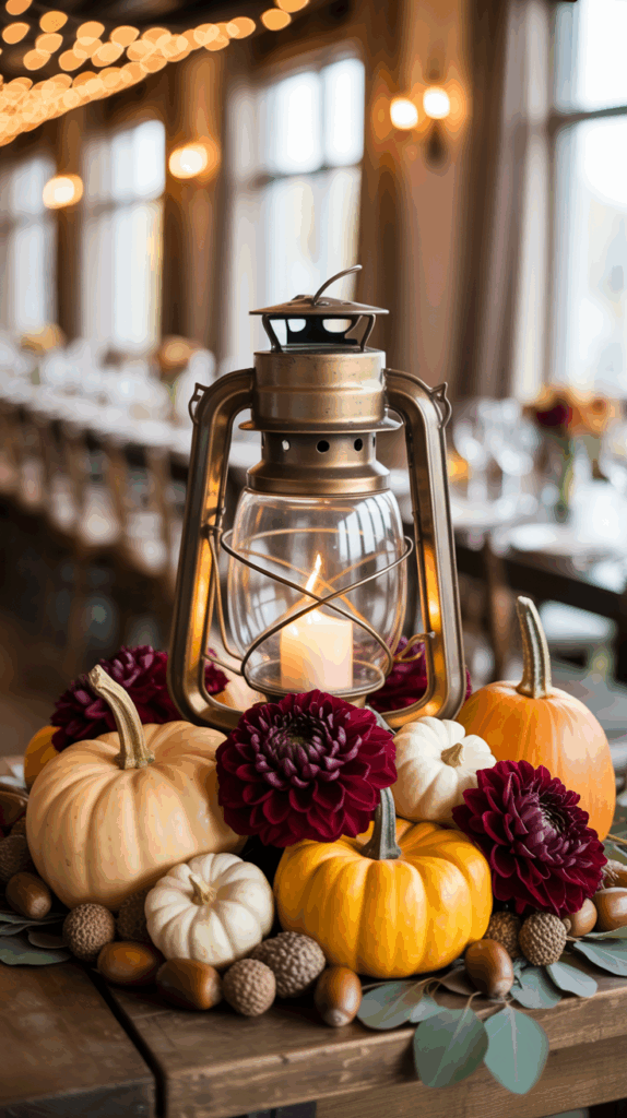 A rustic lantern with a lit candle inside is surrounded by various pumpkins, deep burgundy flowers, acorns, and eucalyptus leaves, creating an autumn-themed centerpiece on a wooden table with blurred background of a decorated room.