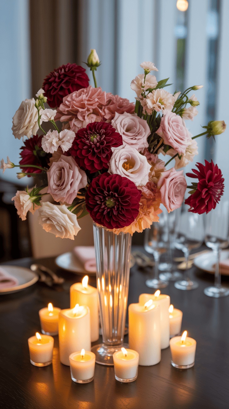 A tall glass vase with a bouquet of red and pink roses and dahlias, surrounded by lit candles on a dining table set with plates and glasses.