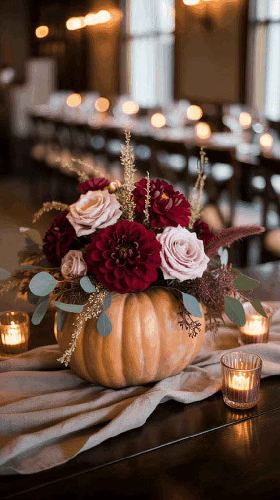 A pumpkin centerpiece filled with deep red dahlias, pale pink roses, and various greenery, surrounded by small glowing candles on a wooden table.
