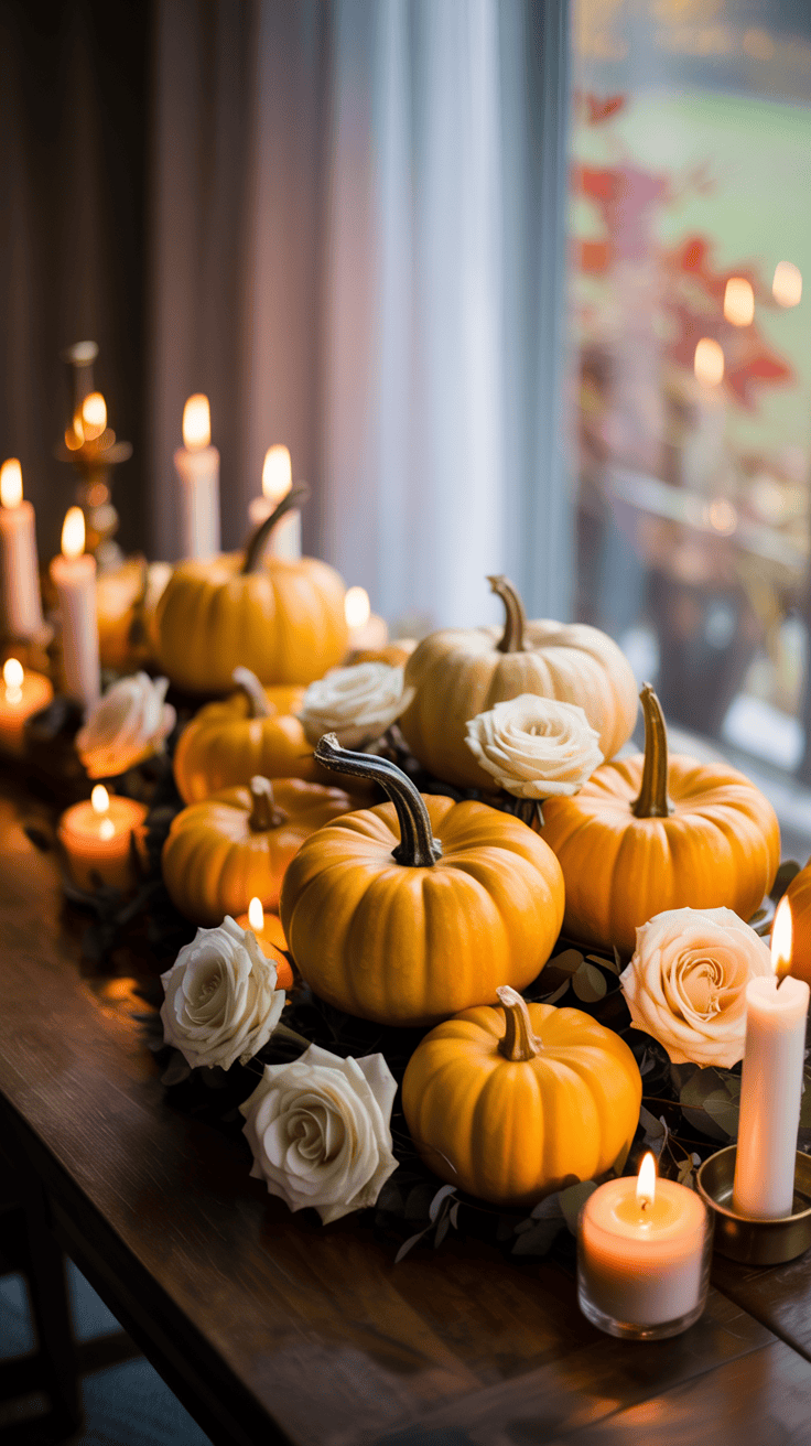 A decorative arrangement featuring pumpkins, white roses, and lit candles on a wooden table by a window, creating a cozy and festive atmosphere.