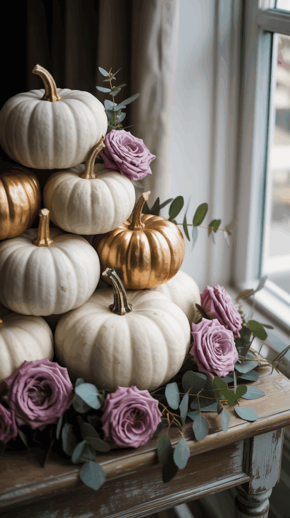 A decorative arrangement featuring a stack of pale white and metallic gold pumpkins, accented with purple roses and green eucalyptus leaves, placed on a rustic wooden table near a window.