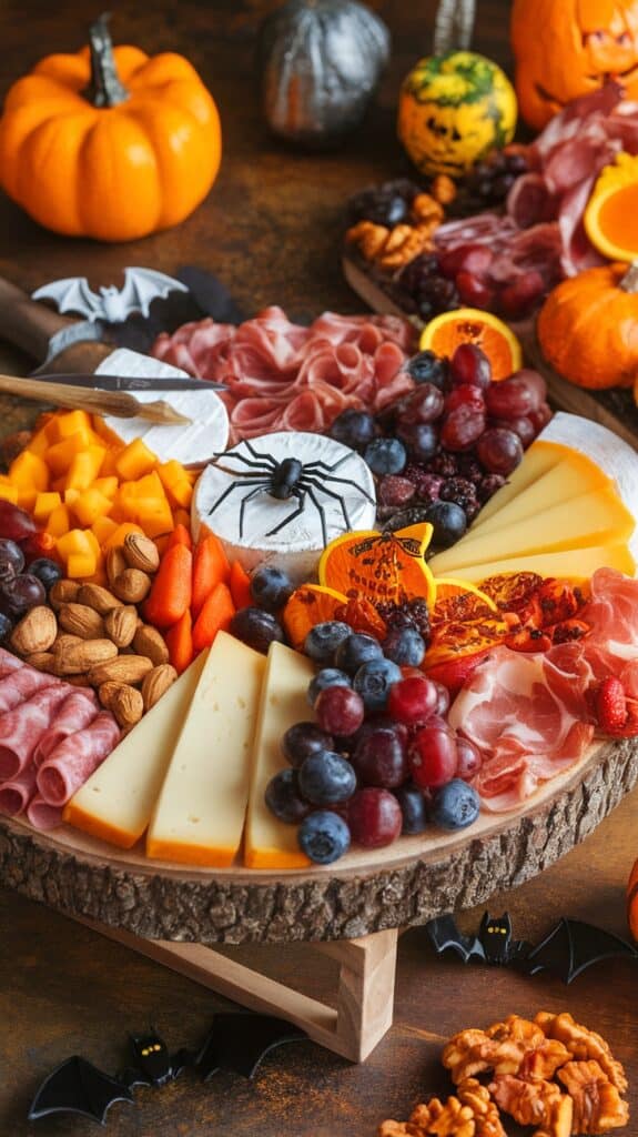 A Halloween-themed charcuterie board featuring a variety of cheeses, meats, almonds, grapes, and carrot sticks, decorated with a plastic spider on a brie cheese, surrounded by small pumpkins and bat decorations.