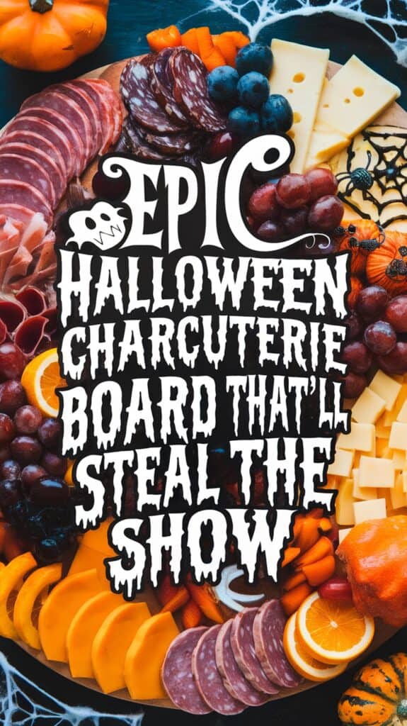 A festive charcuterie board arranged with meats, cheeses, fruits, and orange slices, surrounded by Halloween decorations like mini pumpkins and plastic spiders. The overlay text reads "Epic Halloween Charcuterie Board That'll Steal the Show."