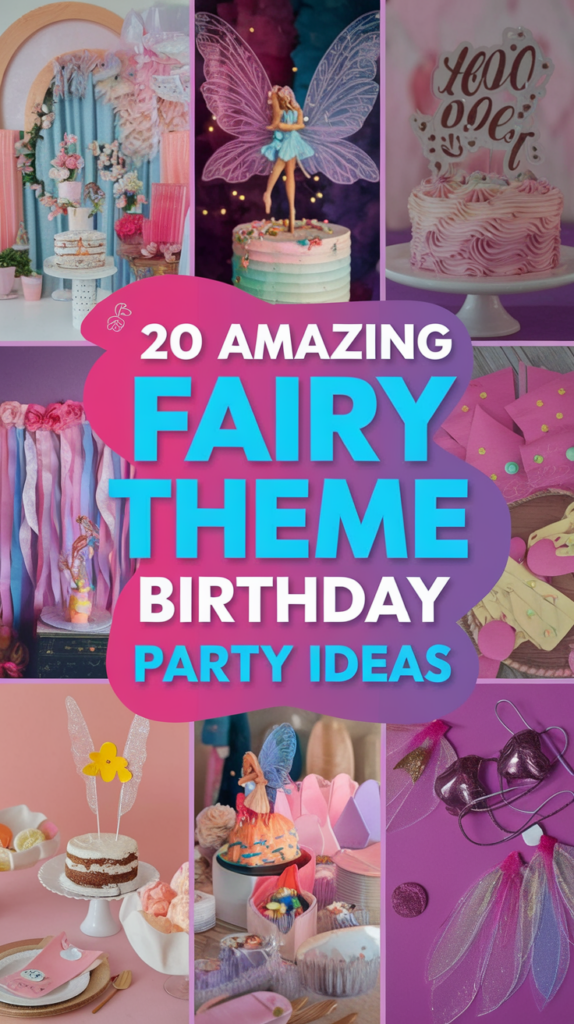 20 amazing fairy theme birthday party ideas with images of fairy decorations, cakes, and accessories.