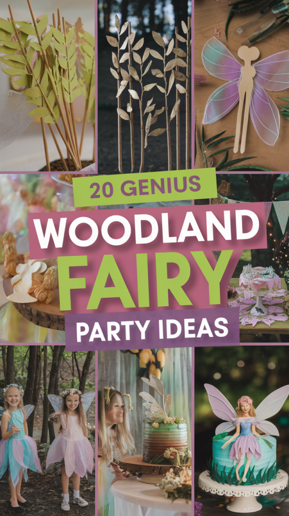 Collage of woodland fairy party ideas, featuring decorations, fairy wings, themed cakes, and children in fairy costumes. Text overlay reads "20 Genius Woodland Fairy Party Ideas."