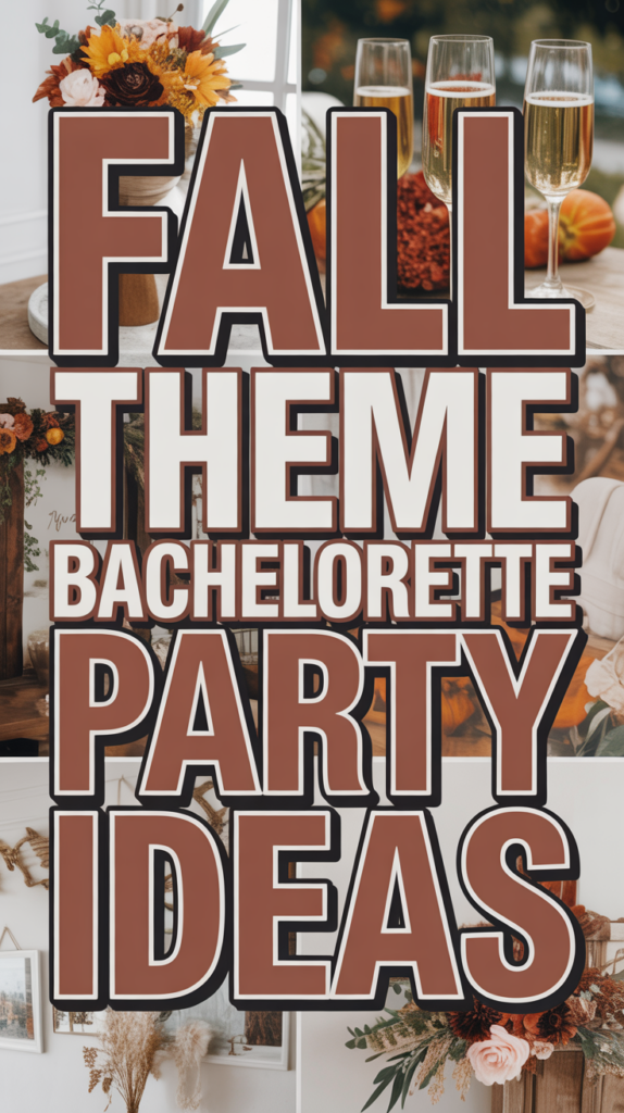 Text reads "Fall Theme Bachelorette Party Ideas" over images of autumn decor, flowers, and champagne glasses.