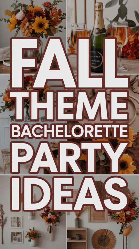 Text reads "Fall Theme Bachelorette Party Ideas" with autumn decor and champagne in the background.