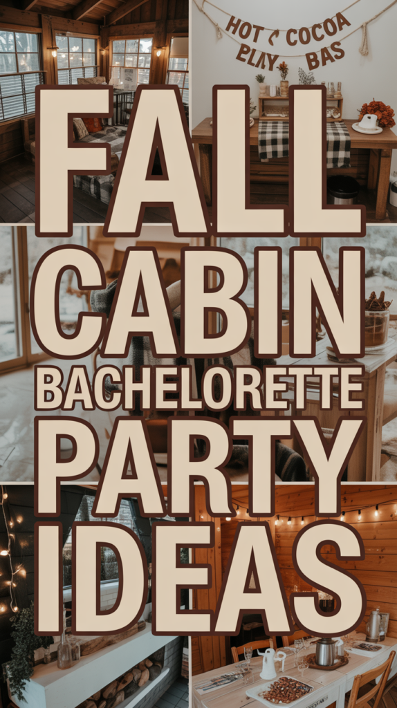 Collage with text "Fall Cabin Bachelorette Party Ideas" featuring cozy cabin decor and a hot cocoa bar setup.