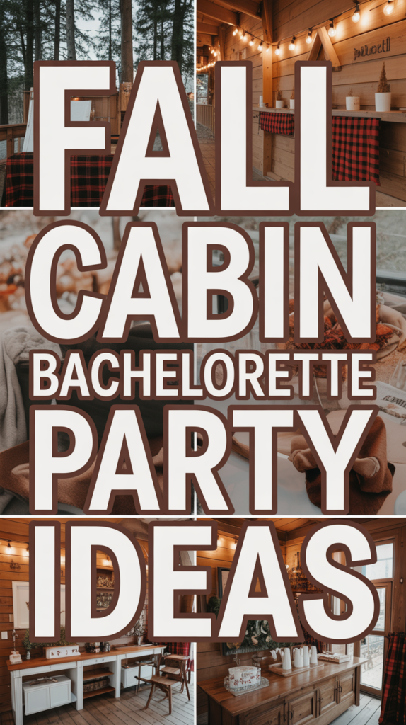 Collage of fall-themed cabin decorations for a bachelorette party, with plaid tablecloths and cozy lighting.