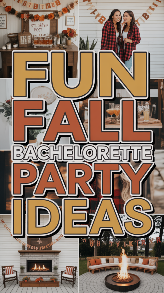 Collage showing a fall-themed bachelorette party with decor, drinks, fire pit, and the text "Fun Fall Bachelorette Party Ideas."