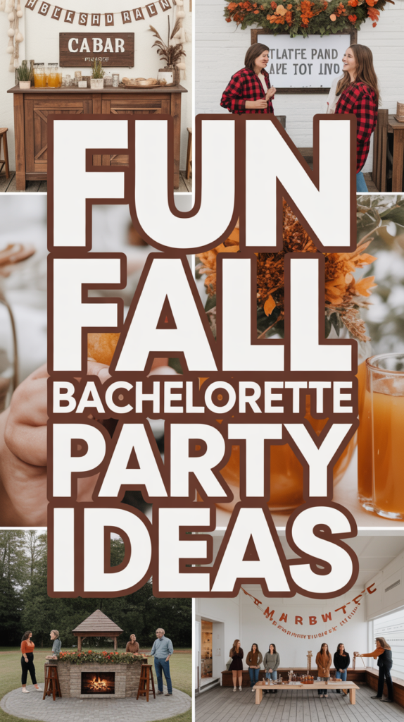 Collage of bachelorette party ideas with various fall activities, including drinks, games, and a scenic outdoor setting.