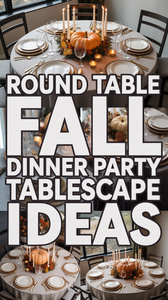 Round table set for a fall dinner party with candles and pumpkin centerpiece.