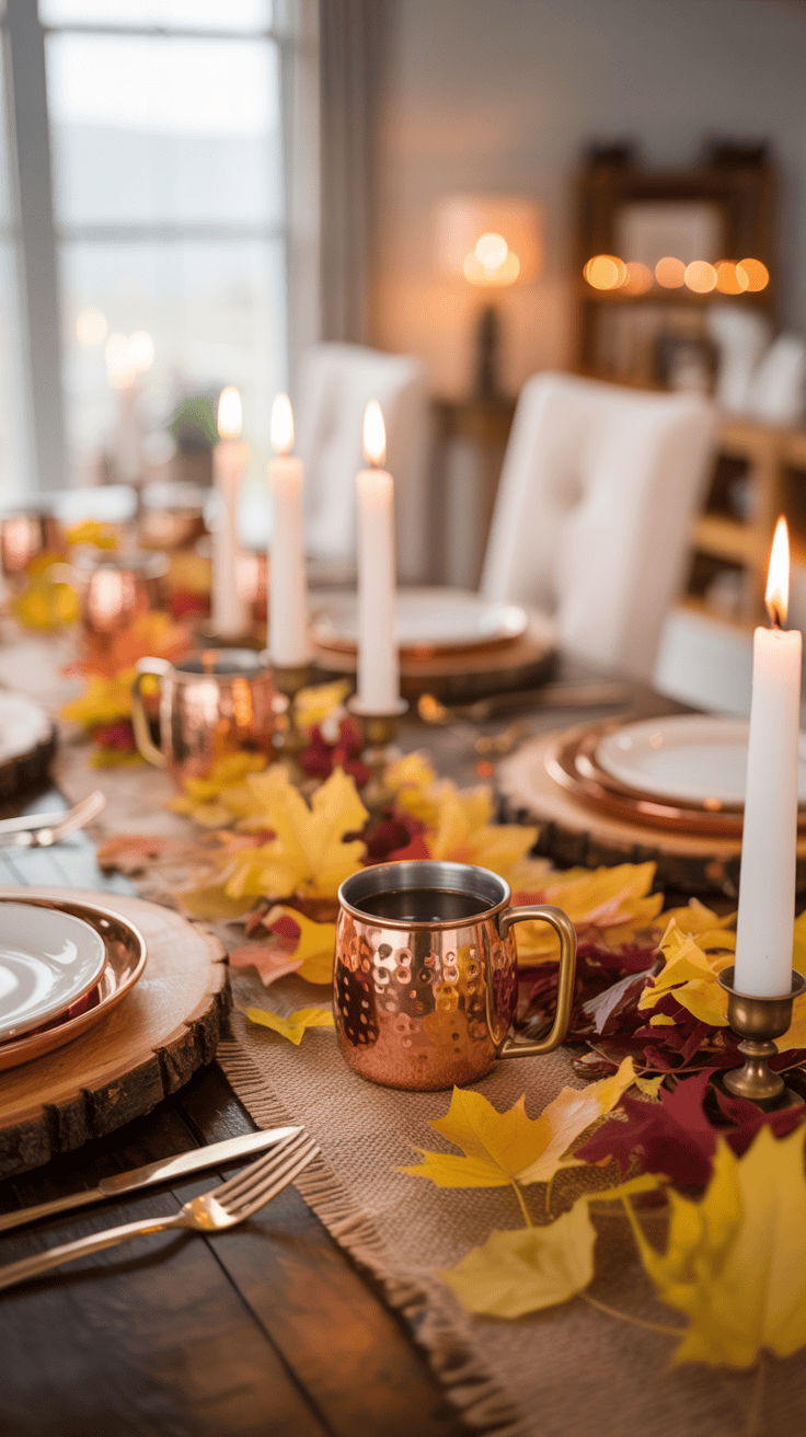 A beautifully set dining table decorated for autumn, featuring a burlap table runner, colorful autumn leaves, lit white candles, copper mugs, gold cutlery, and plates on wooden chargers.