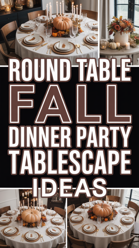 Collage of round tables with fall-themed decor, featuring pumpkins and candles, with text reading "Round Table Fall Dinner Party Tablescape Ideas."