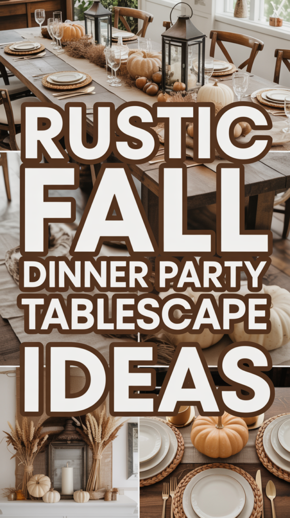 A rustic fall tablescape with pumpkins, candles, and wheat decorations on a wooden table, featuring setup ideas.