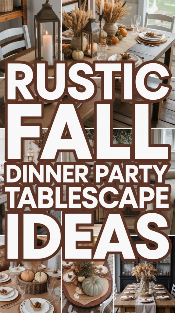 Collage of rustic fall tablescapes with pumpkins, candles, and autumn decor, overlaid with text: "Rustic Fall Dinner Party Tablescape Ideas."