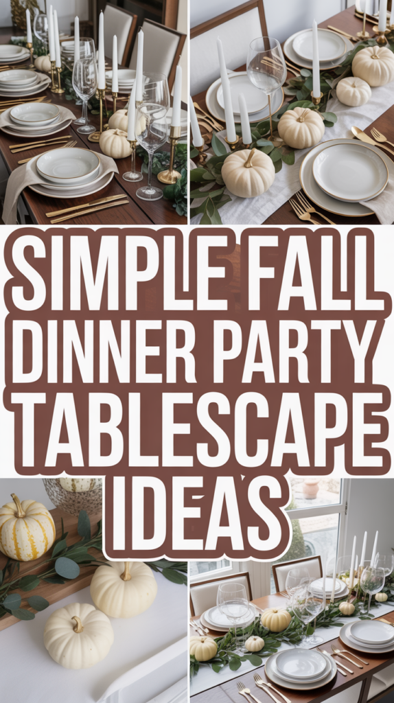 A fall-themed dinner table setup with white pumpkins, candles, eucalyptus leaves, and elegant dishware.
