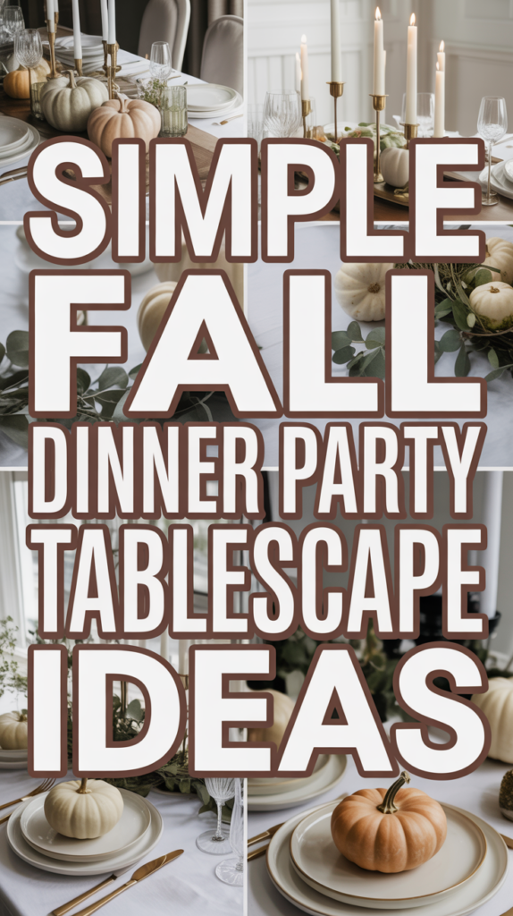 A table set for a fall dinner party with pumpkins, greenery, and candles.