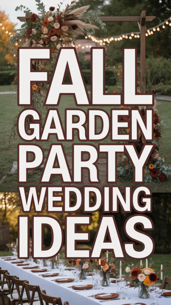 A decorated wedding arch and a long table with floral centerpieces, overlaid with large text: "Fall Garden Party Wedding Ideas."