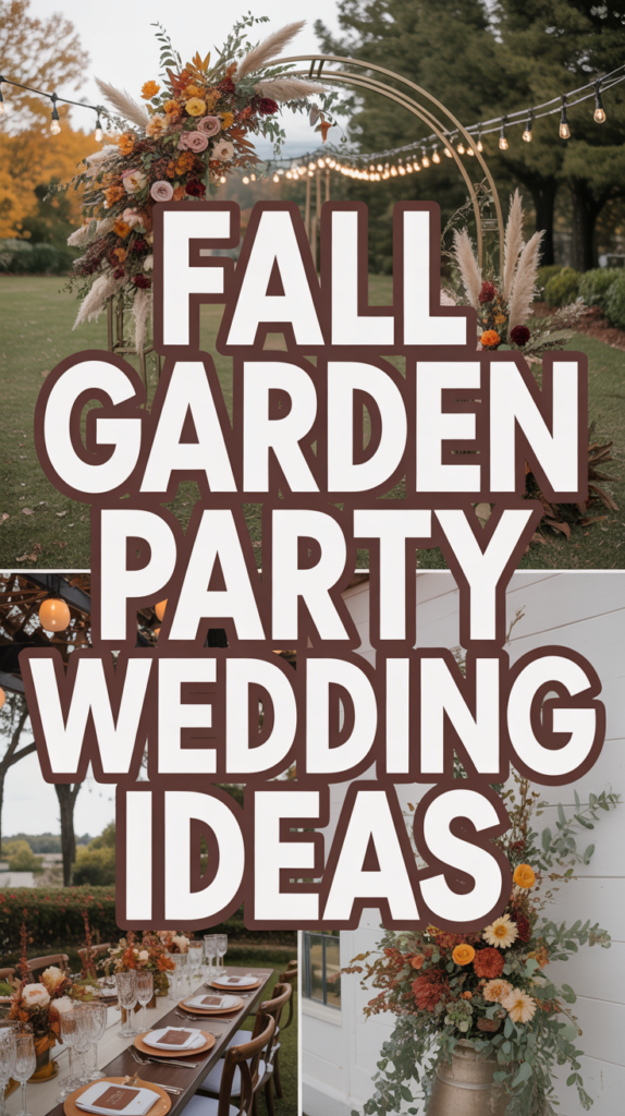 Large text over floral arrangements reads "FALL GARDEN PARTY WEDDING IDEAS," with tables set for an outdoor event.