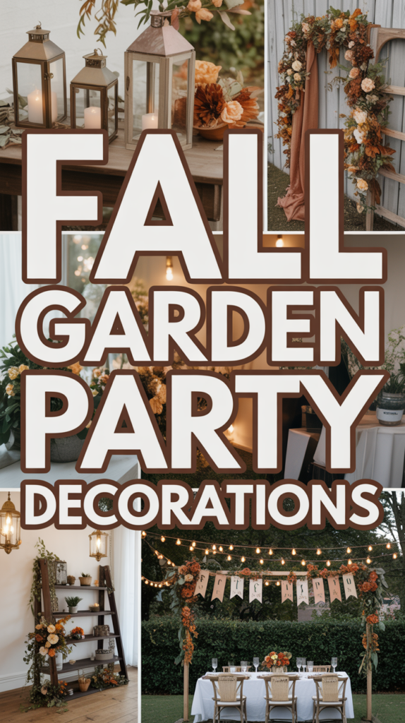 Collage of fall garden party decorations featuring lanterns, floral arrangements, and an outdoor dining table with string lights.